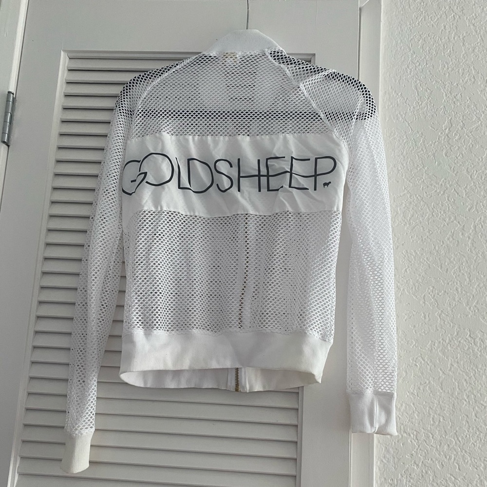Goldsheep White Mesh Cutout Bomber Zip Jacket